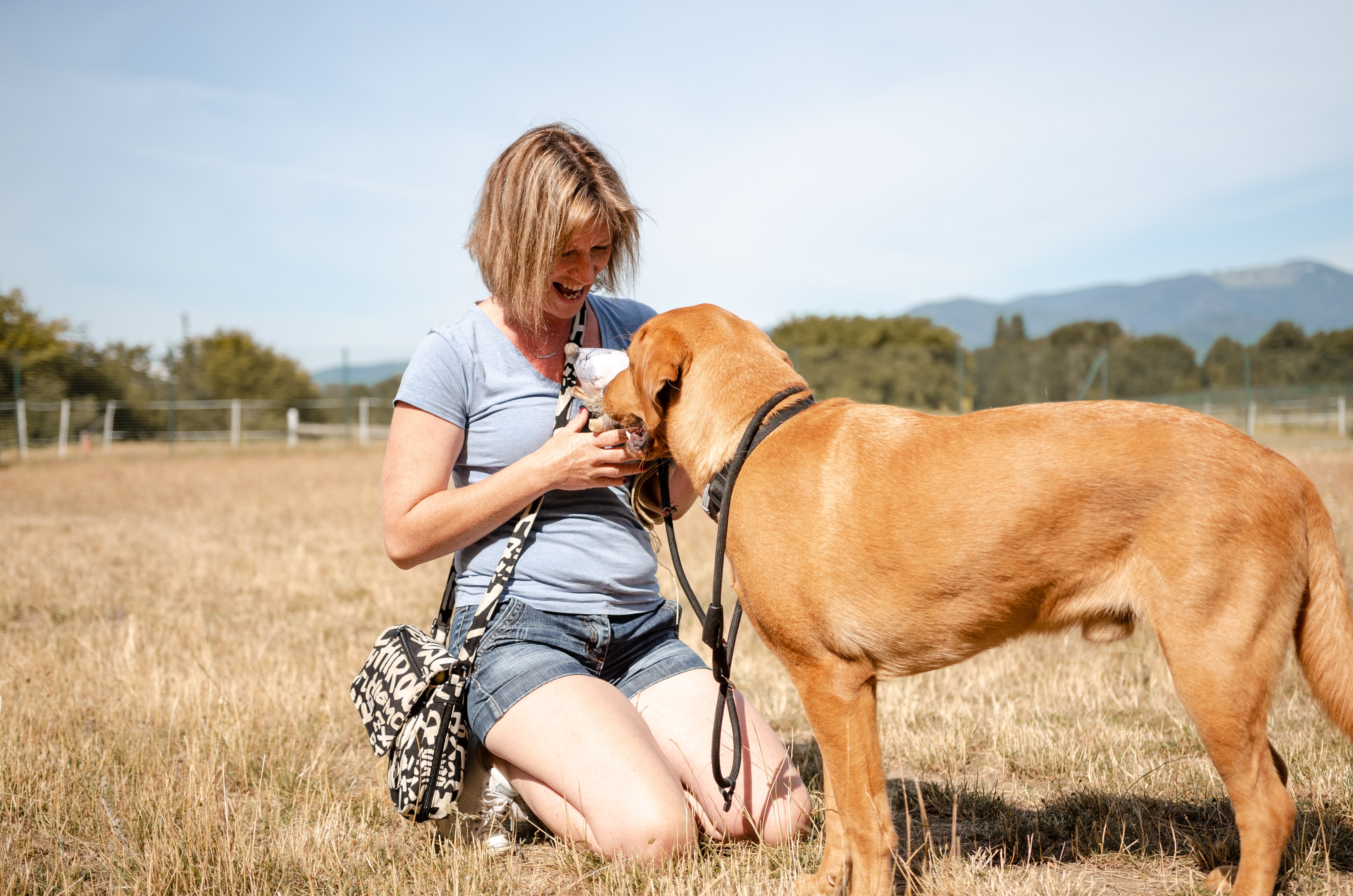 Femme accroupie devant un chien dans une plaine