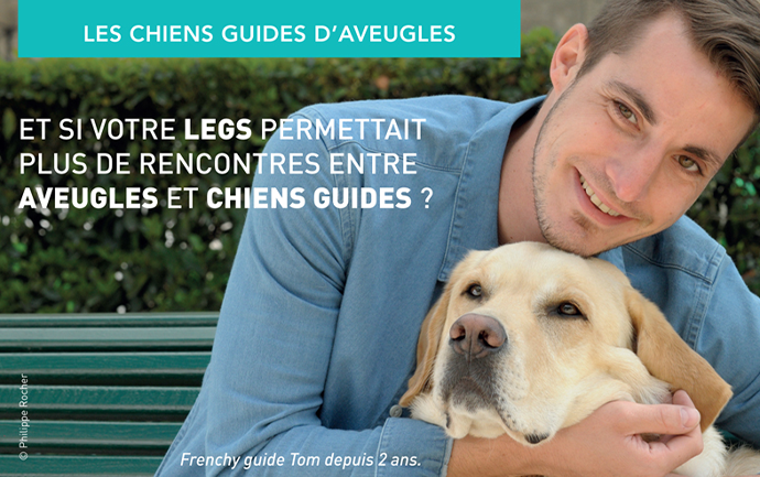 Homme faisant un calin à un chien blanc avec texte sur l'image